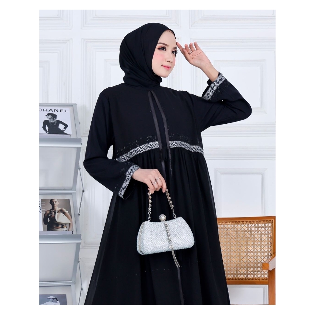 ABAYA RAHMI - Abaya Hitam Turkey Aluna Wollypeach Mix Ceruty Premium Pita Renda Silver Payet Look El