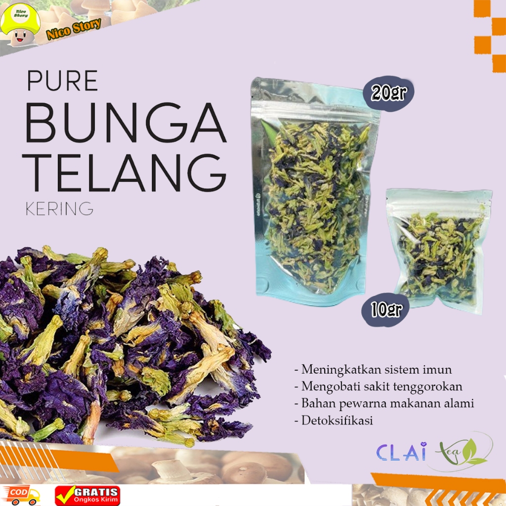 

(ncs) Bunga Telang Kering Organik 20 & 10 Gr Talang Teleng betterfly pea flower Clitoria ternatea minuman herbal kesehatan Tea