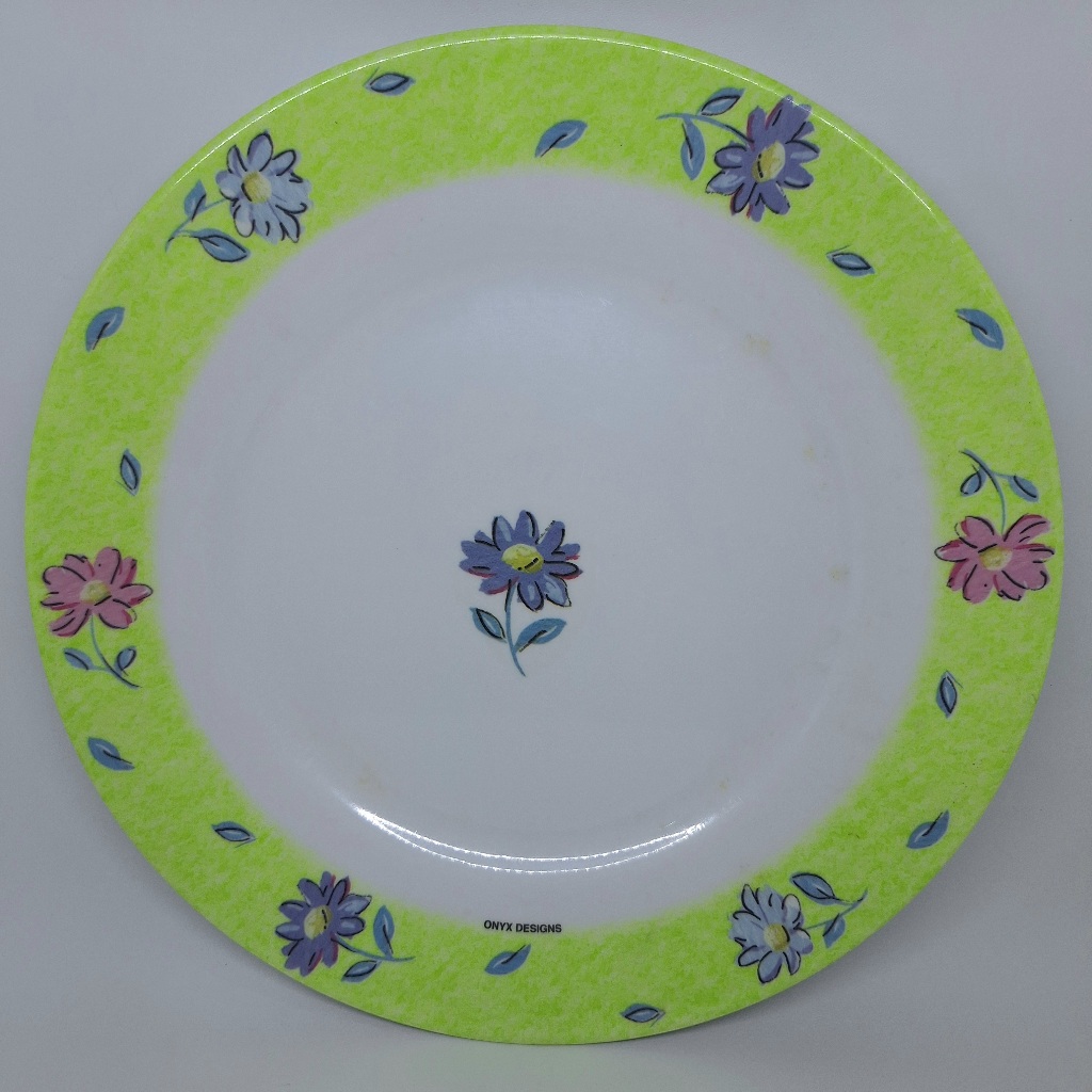 Piring Makan Ceper ONYX Warna Putih-Hijau Motif Bunga-Bunga / Piring Cantik Preloved / Piring Saji