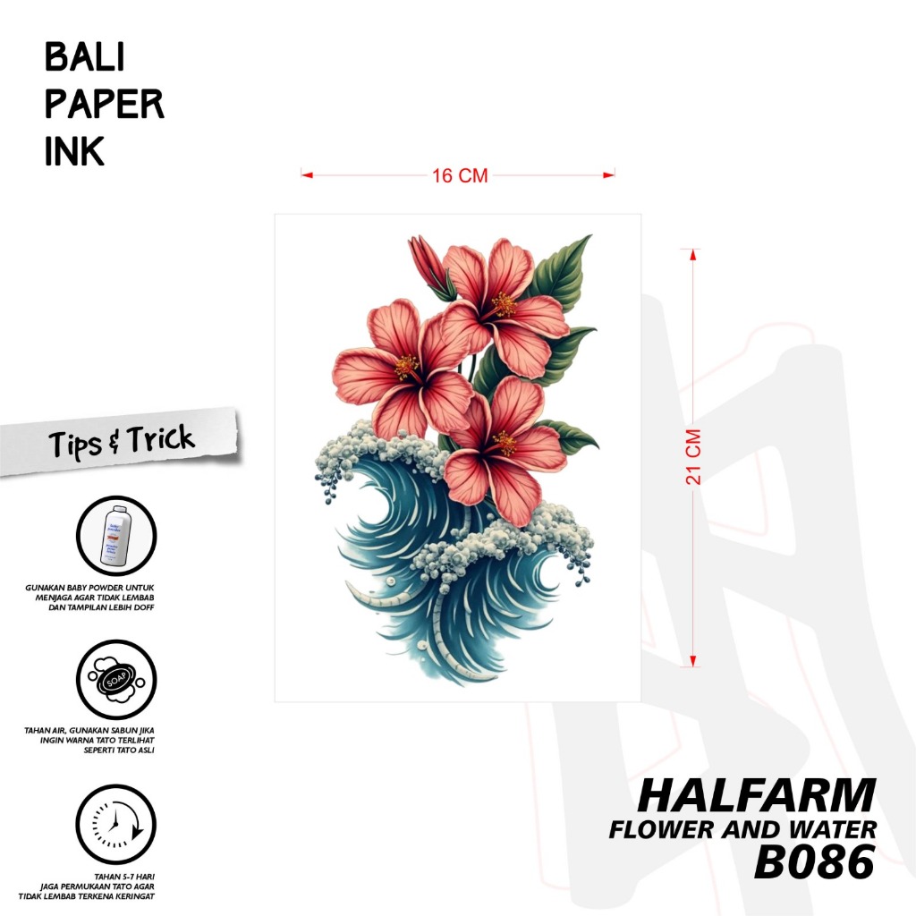 Bali Paper Ink B086 FLOWER AND WATER Tato Temporer Basic Bali Paper Ink Oldschool - Tato Lengan