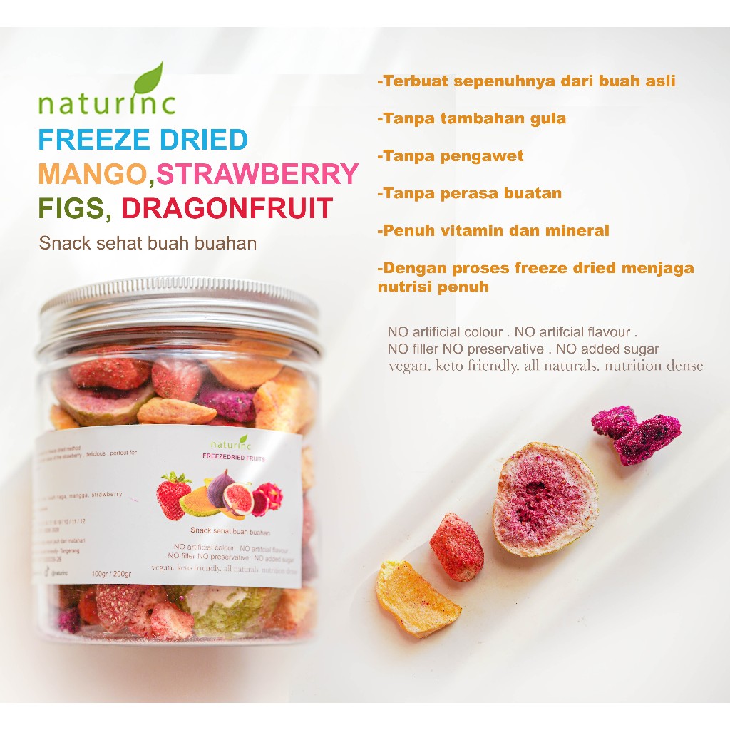 

freeze dried fruit buah strawberry figs ara mango mangga dragon fruit buah naga Cemilan Snack Diet sehat tanpa gula