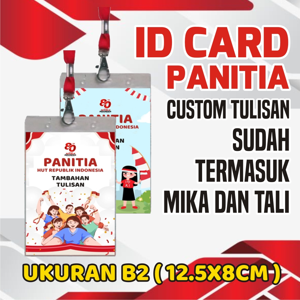 

ID CARD / KARTU PANITIA / KEPLEK / PANITIA AGUSTUSAN / PANITIA LAINNYA SUDAH TERMASUK PLASTIK DAN TALI