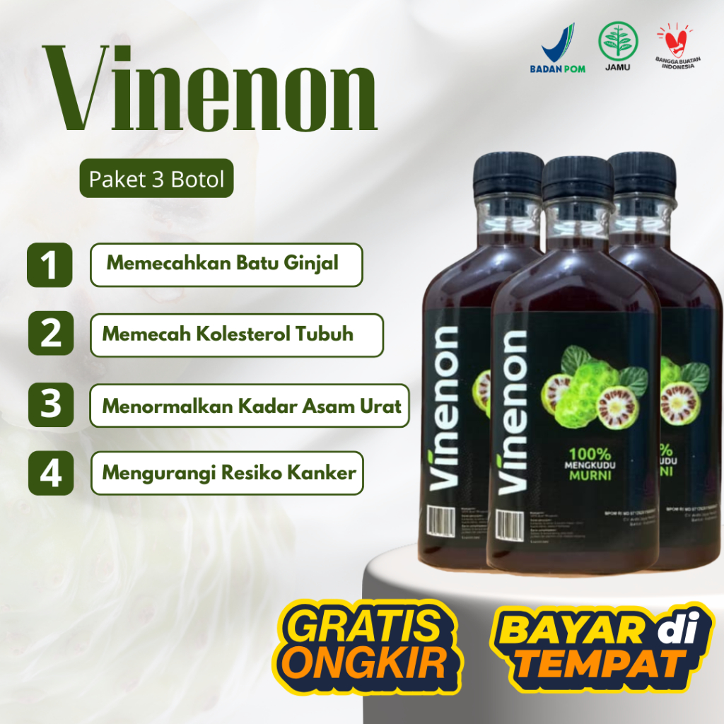 

VINENON Paket 3 Botol - 100% Cuka Mengkudu Ampuh Atasi Batu Ginjal & Reumatik isi 300ml COD BPOM