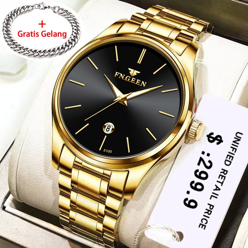 FNGEEN Quartz Watch Men Business Luminous Waterproof Wristwatch Mens Gold  Stainless Steel Watches