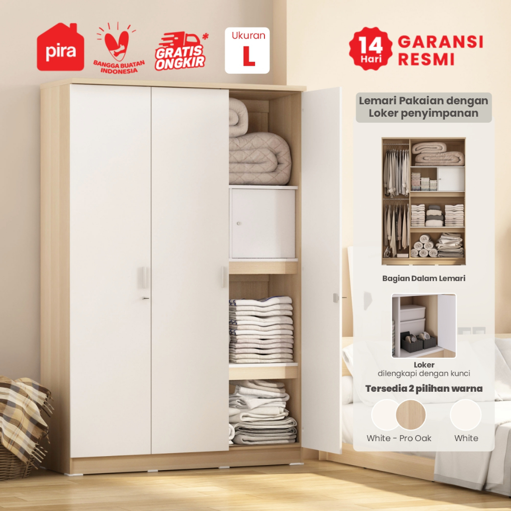 PIRA METROPOLIS OX -  ARUNA 3PS LK Lemari Pakaian 3 Pintu / Lemari Baju Full Rak dengan Loker Penyim