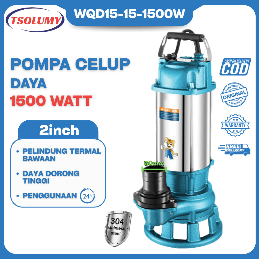 Tsolumy Pompa Celup Air Kotor Bersih WQD15-1500W Daya Dorong 15M Submersible 2inch Mesin Pompa Air