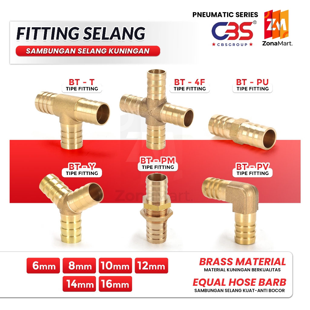 Sambungan selang Kuningan / Konektor Adaptor Selang Pipa HOSE NIPPLE Tembaga - Tipe Lurus/ Siku/ T/ 