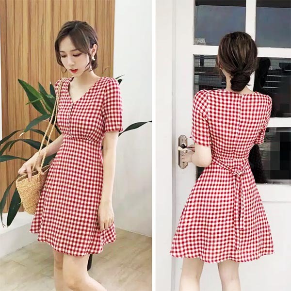 Mini dress casual kotak-kotak katun wanita import korea