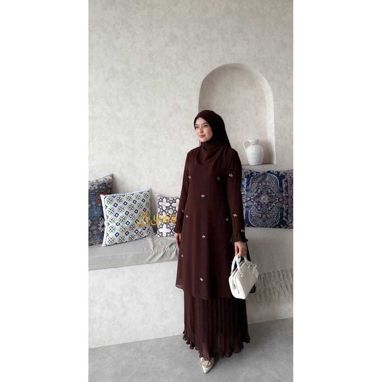 Ameera Set 3in1 Atasan Rok Pashmina Gamis Kondangan Ceruty Babydoll Rok Plisket Ootd Pesta Terbaru