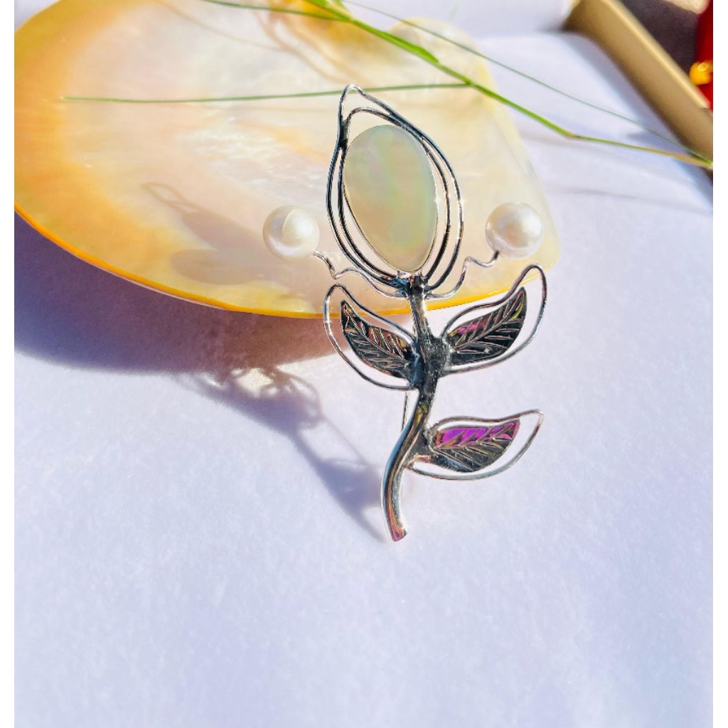 Bros perak kerang mutiara air laut/Bros mutiara laut besertifikat/Bros handmade
