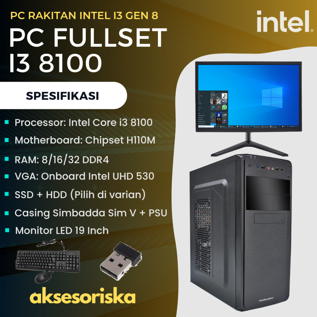 PAKET LENGKAP PC RAKITAN KOMPUTER KANTOR Intel Core i3 8100 MONITOR LED 19" PC Rakitan i3 Gen 8 Full