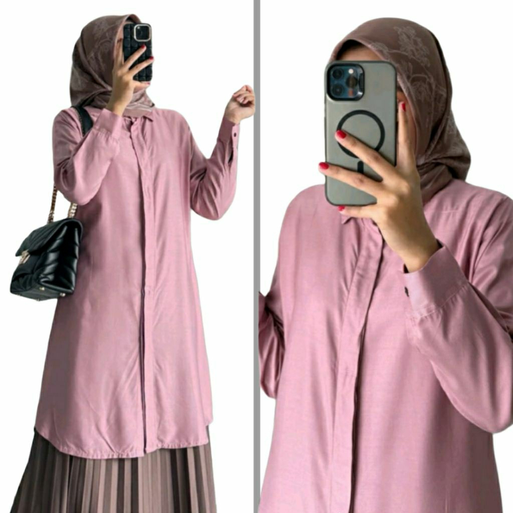 Tunik katun polos, tunik model kemeja kancing lepas, tunik model terbaru korean style