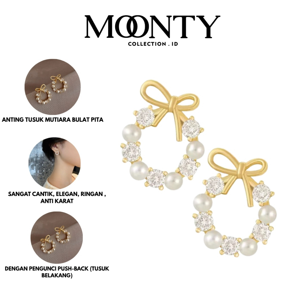Anting Tindik Tusuk Mutiara Bulat Pita Aksesoris Perhiasan Wanita Korean Style Fashion Anting-Anting
