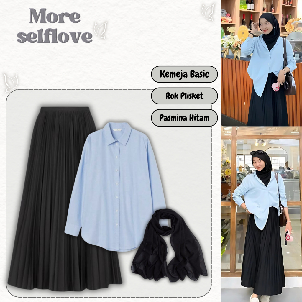 OOTD Hijab Aesthetic (Kemeja Basic Biru, Rok Plisket Hitam, Pashmina Hitam) Look Manis – WS23