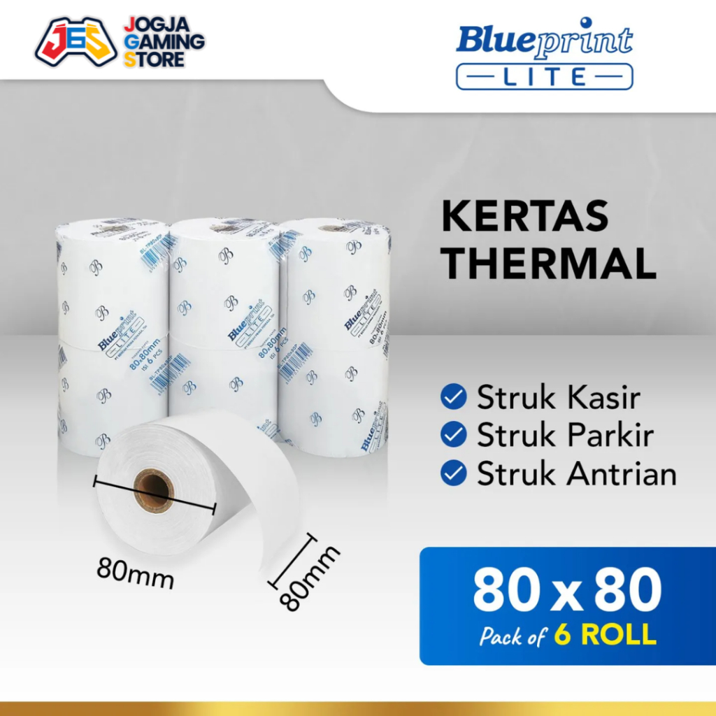 

KERTAS THERMAL STRUK KASIR PARKIR PPOB MURAH BLUEPRINT LITE 80x80P 80x80 P - 1 Pack 6 Roll