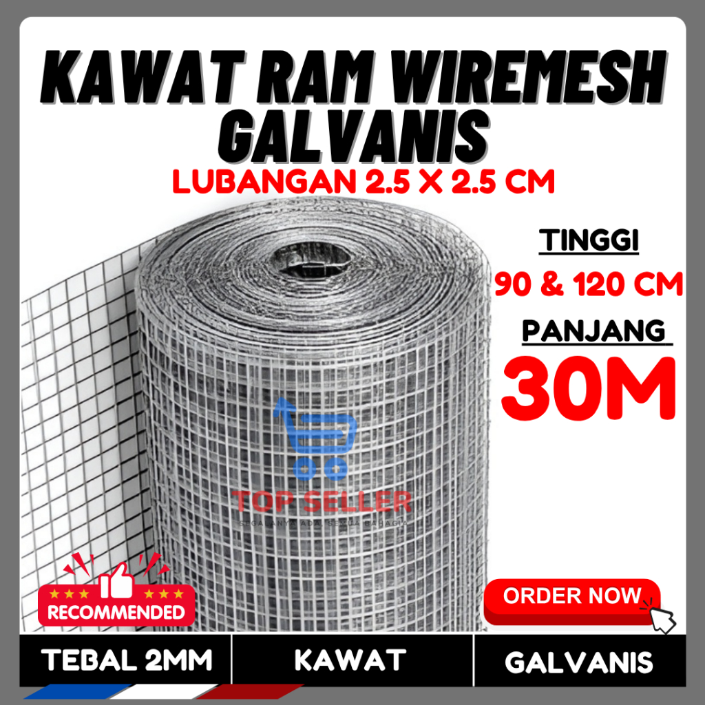 Kawat Ram Wiremesh Galvanis Lubangan 2.5 x 2.5 cm Panjang 30 Meter | Variasi Tinggi 90 & 120 cm