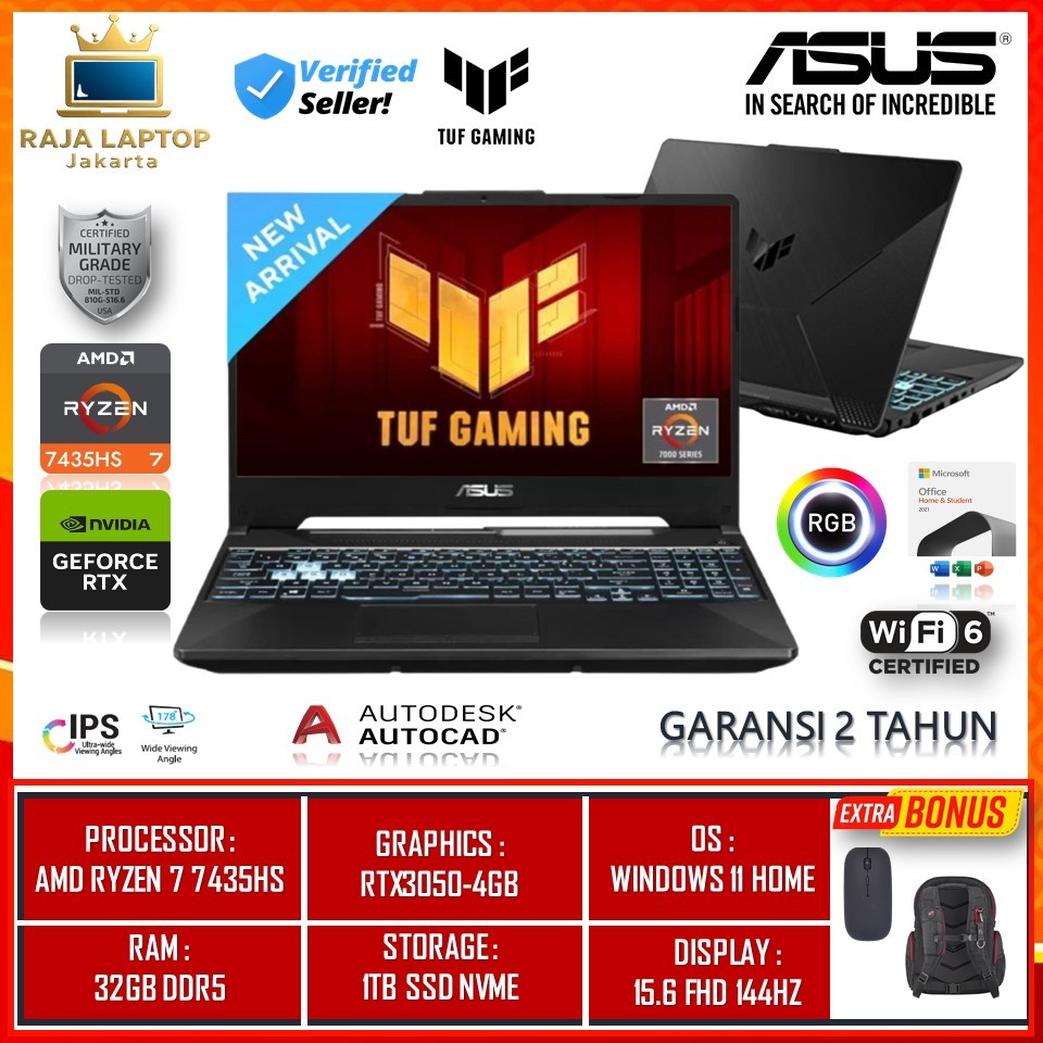 Laptop Gaming Asus Tuf A15 Fa506ncr/Fa506nfr Amd Ryzen 7 7435hs Ram 32GB 1TB SSD 15.6 Fhd 144hz Rgb