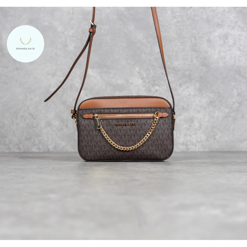 Michael Kors Pattern Gold Chain Camera Bag with Long Strap in Burgundy & Dark Brown