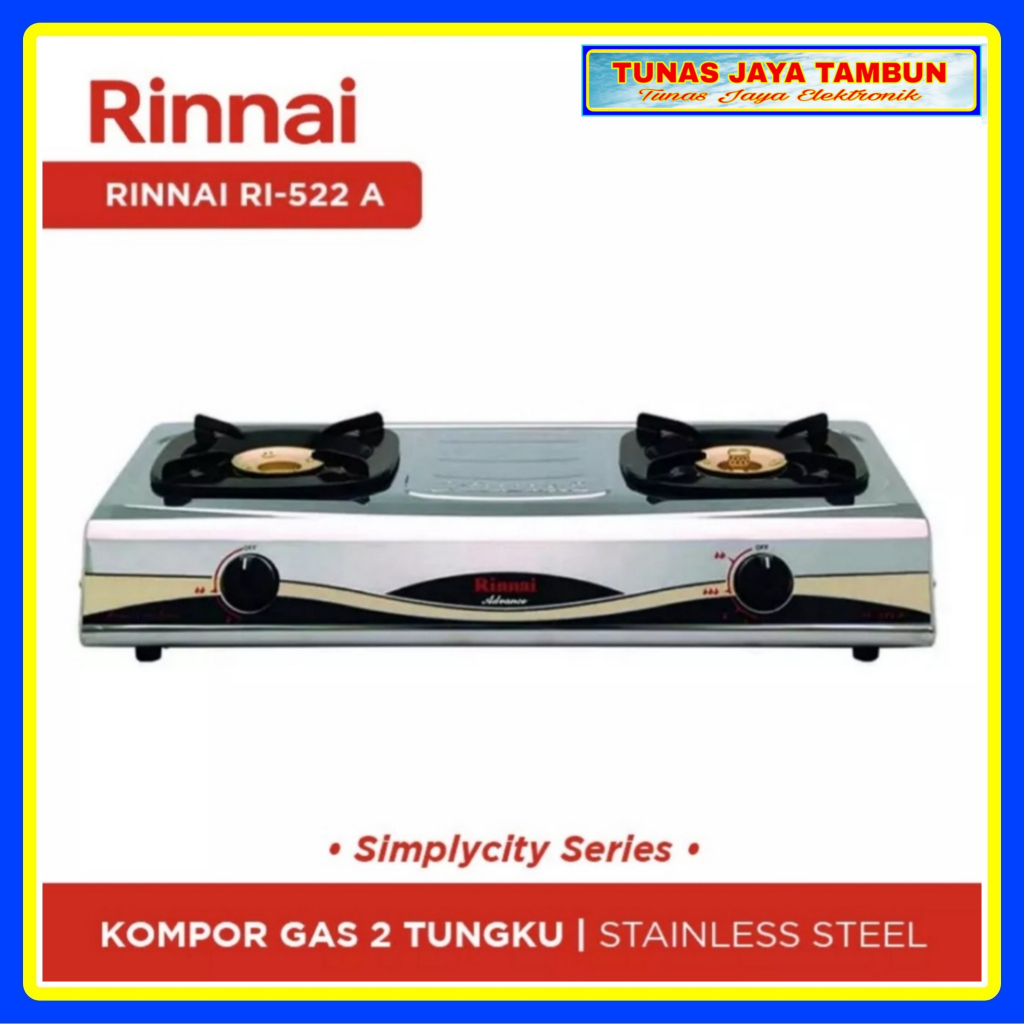 KOMPOR GAS RINNAI RI 522 A / KOMPOR GAS RINNAI 2 TUNGKU STAINLESS  / RINNAI RI-522A KOMPOR STAINLESS