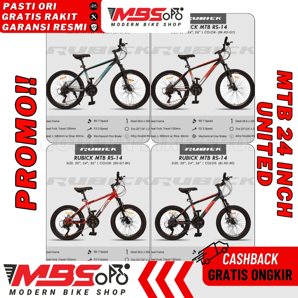 GENIO RUBICK RS-14 SEPEDA MTB GUNUNG BY UNITED 24 26 INCH 21 SPEED REM CAKRAM DEWASA REMAJA