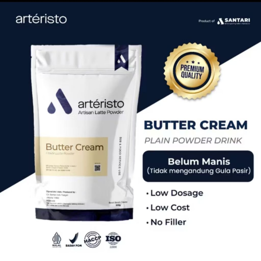 

ARTERISTO BUTTER CREAM PREMIUM TOPPING POWDER DRINK 500 GR - TANPA GULA PASIR - Bubuk Minuman Instant