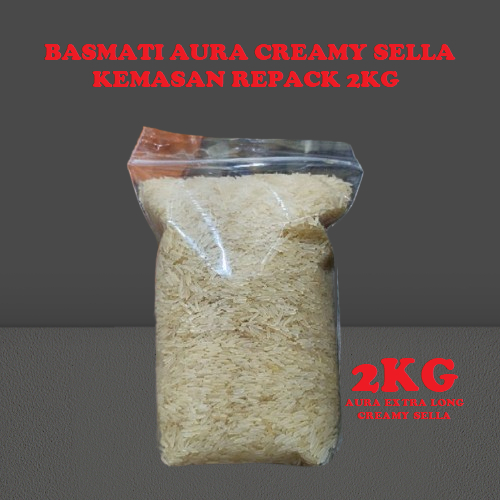 

Beras basmati AURA Extra Long Creamy Sella Kemasan Repack 2kg Best Quality