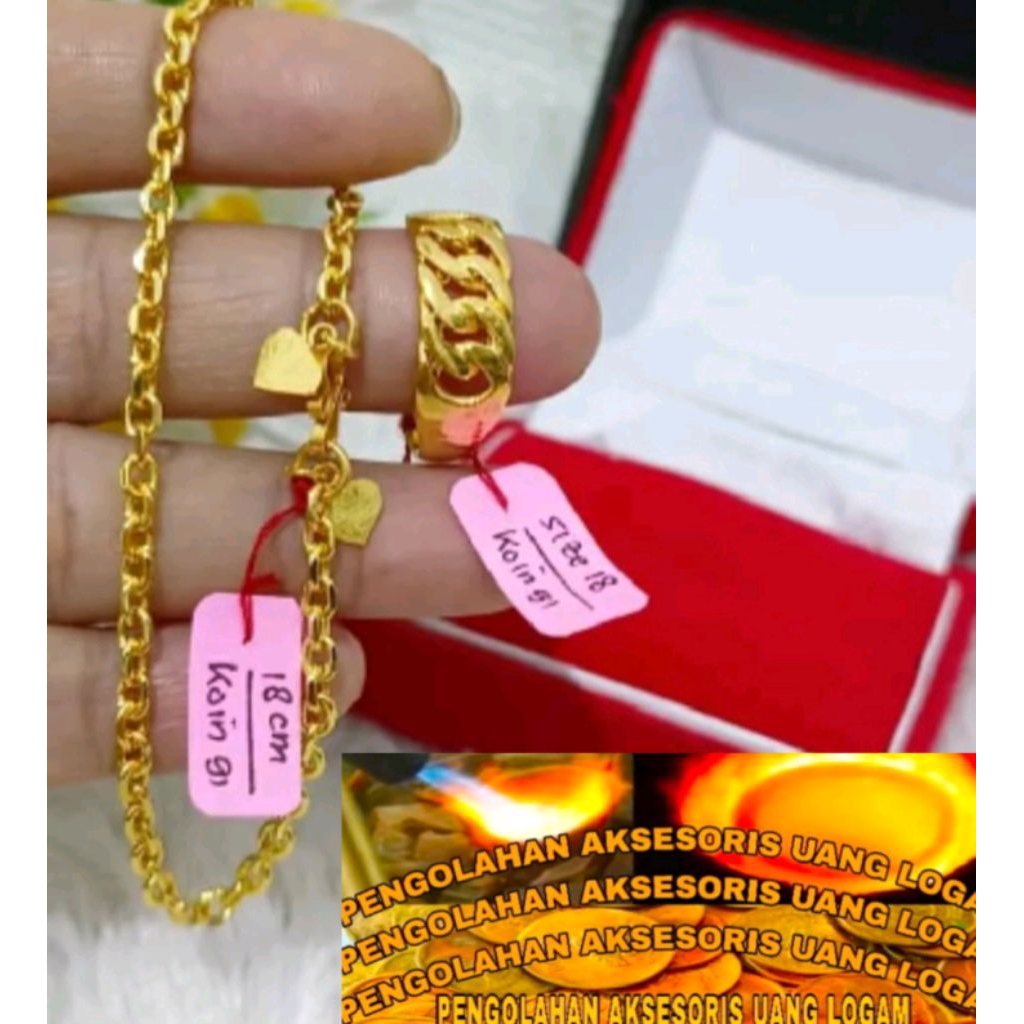 Set Gelang dan cincin bahan koin logam Ori Lapis Emas 24k Anti karat
