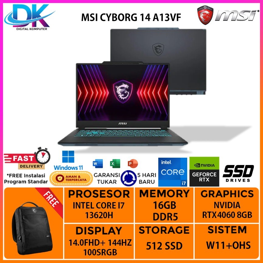 MSI CYBORG 14 I7 13620H RTX4060 8GB/ 16GB 512GB W11+OHS 14.0FHD+ 144HZ 100SRGB BLIT GARANSI RESMI MS