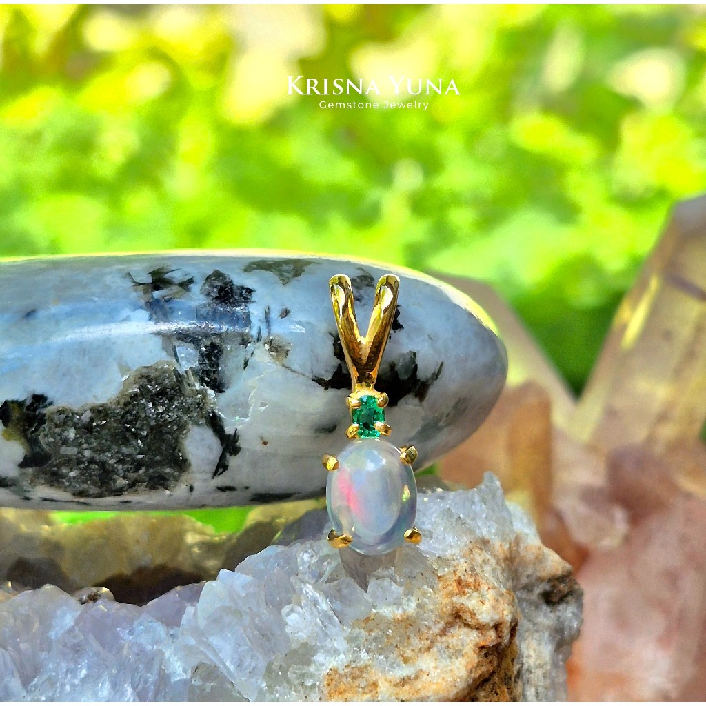 Natural Ethiopian White Opal & Colombian Emerald Pendant