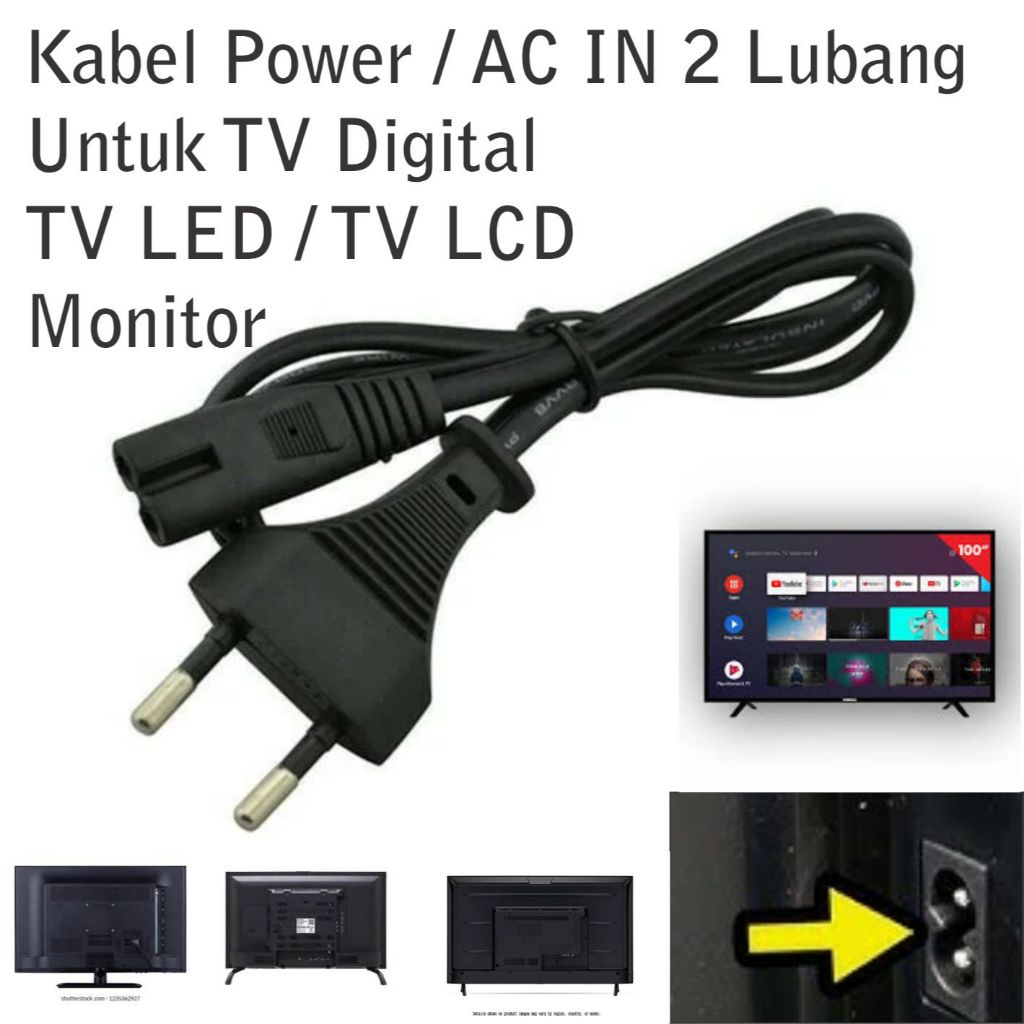 Kabel Power AC Listrik 2 Pin Untuk TV Digital Samsung SmartTV SHARP LG Sony Polytron Toshiba AQUA Ja