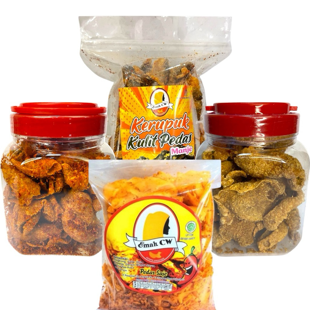 

Emak Cw - 4Pcs Keripik Paket Nage 95 ( Kulit Ayam Pedas Wangi Toples, Kulit Ikan Patin Pedas Manje Plastik, Kulit Ayam Original Toples, Pedas Saje )