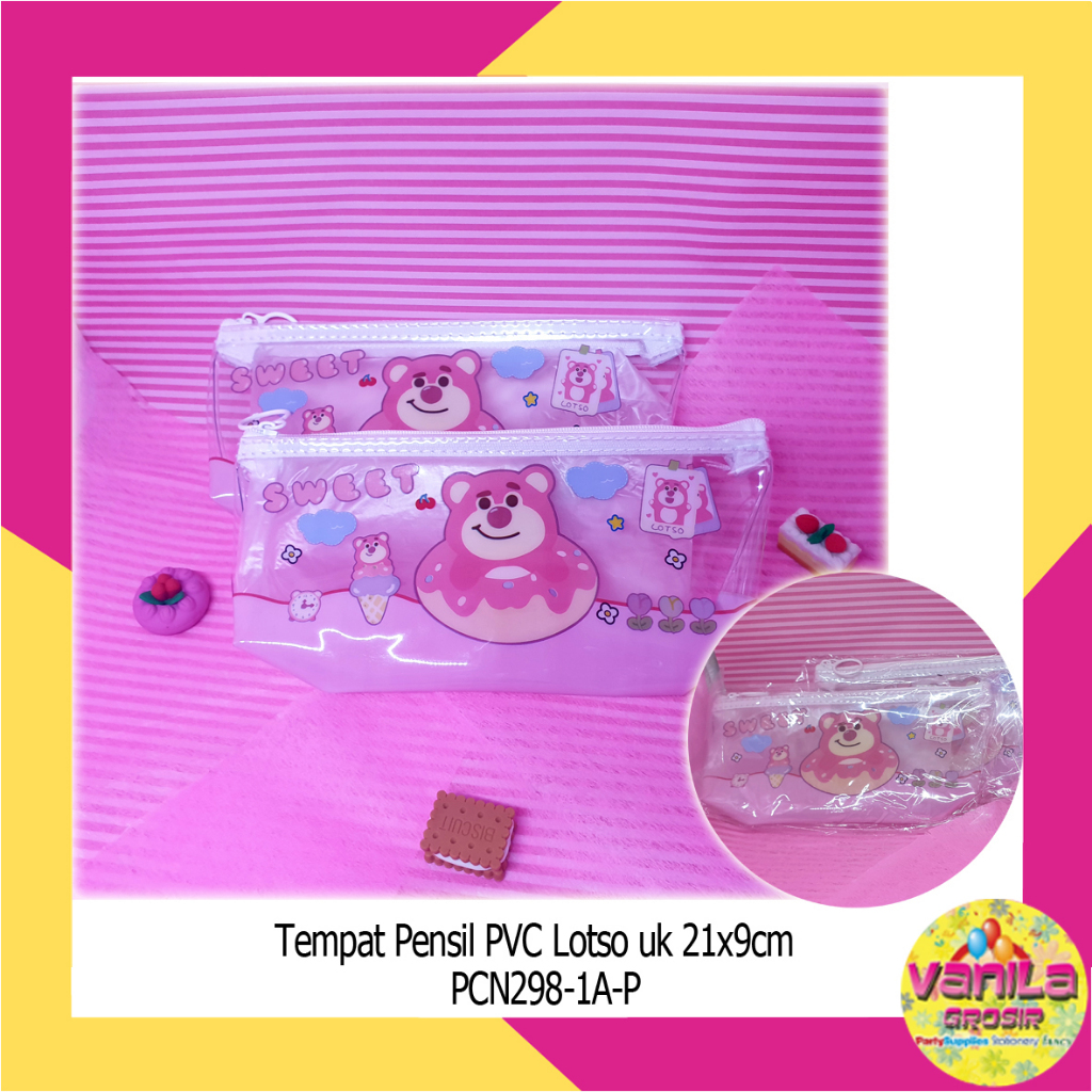 

(1Pcs) Tempat Pensil PVC Jaring Sanrio Lotso, tempat pensil lucu, tempat pensil transparan, pouch serbaguna