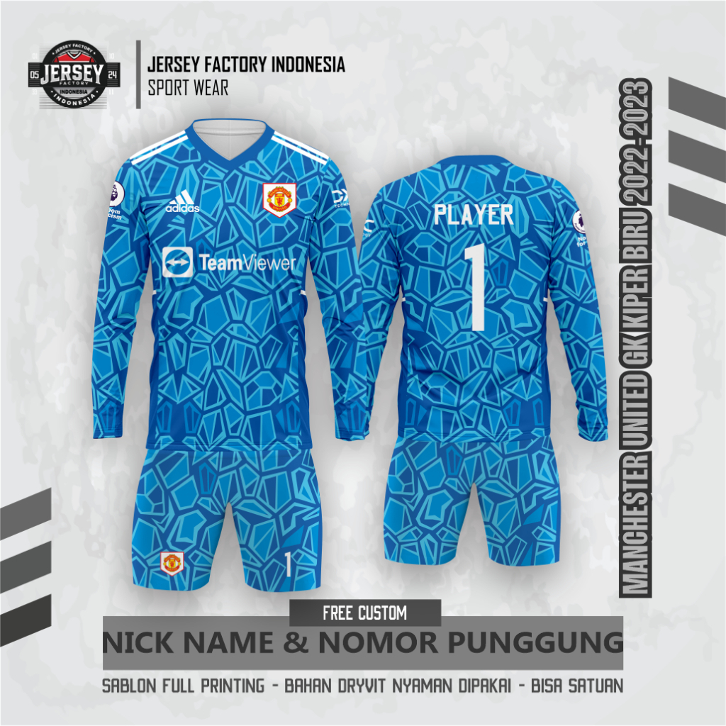 Jersey Sepak Bola MANCHESTER UNITED KIPER 2022-2023 PANJANG GK BIRU Free Custom Nama Nomor