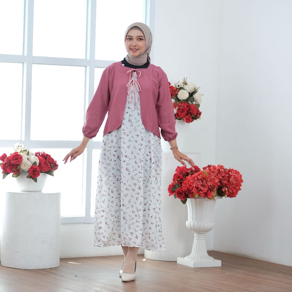 SETELAN CARDI CROP TALI PITA + OVERAL DRESS MOTIF / ONESET CROP CARDI + OVERAL DRESS WOLFIS