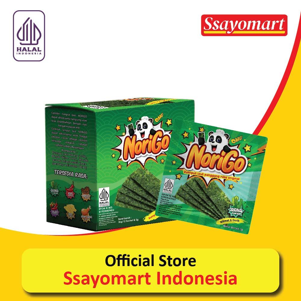 

Norigo 1 BOX ISI 12 / Nori Sachet Seaweed Snack 3g Original Rumput Laut Halal