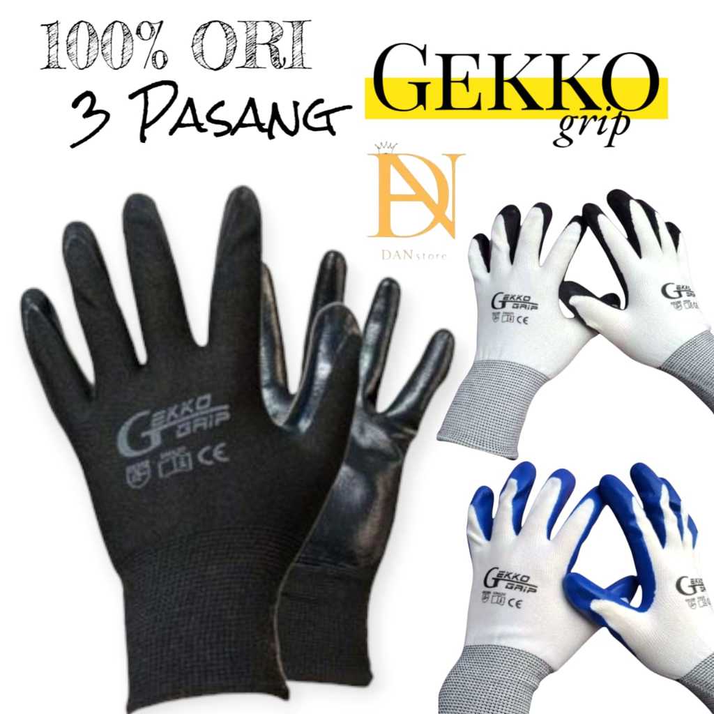 3 Pasang Sarung Tangan Industri Gekko Grip 100% ORI | Sarung Tangan Kerja Safety | Sarung Tangan Ker