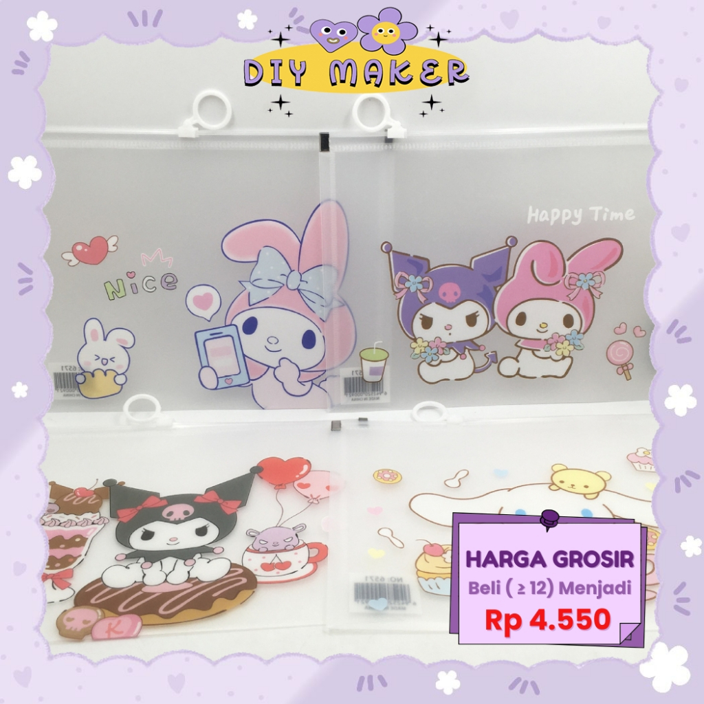 

DM Zipper A4 B5 Map Bening Folder Dokumen Kertas Pouch Anti Air Buku Lucu Karakter Kuromi ATK