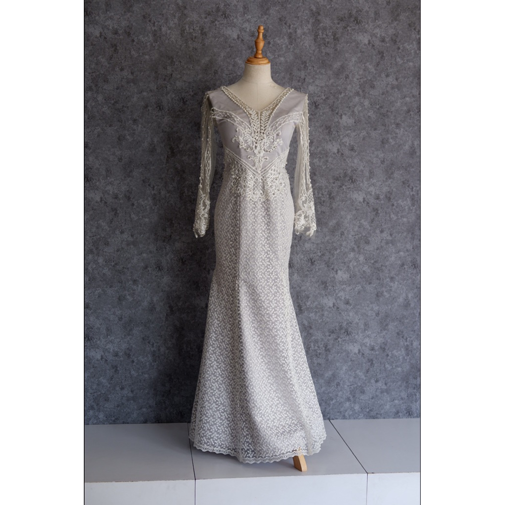 Silver Long Dress Brukat Flower Lengan Panjang Dress Kondangan Dress Pesta Wisuda Dress Preloved Sec
