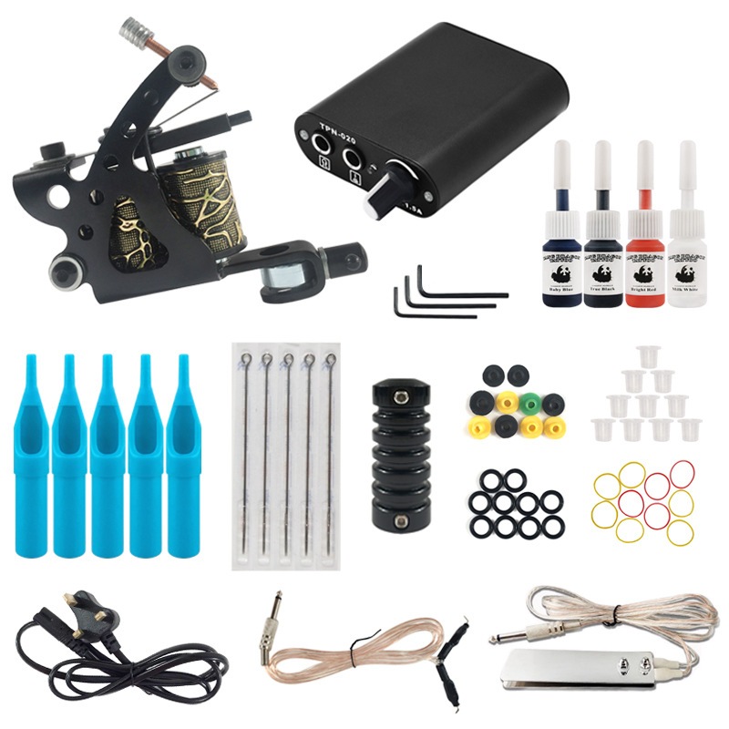 Kit Tato Lengkap 1 Mesin + 4 Tinta, Alat Tato Profesional/Pemula Siap Pakai, Mesin Tato Portable
