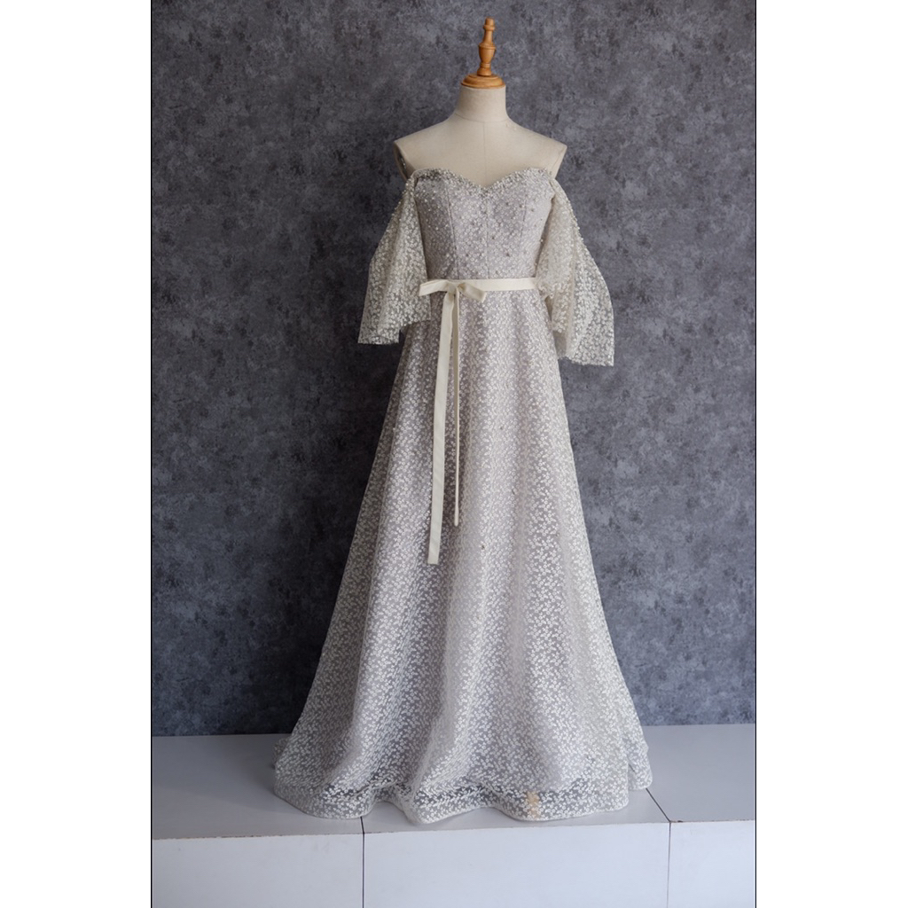 Silver Long Dress Off Shoulder Lengan Brukat Flower  Dress Kondangan Dress Pesta Wisuda Dress Prelov