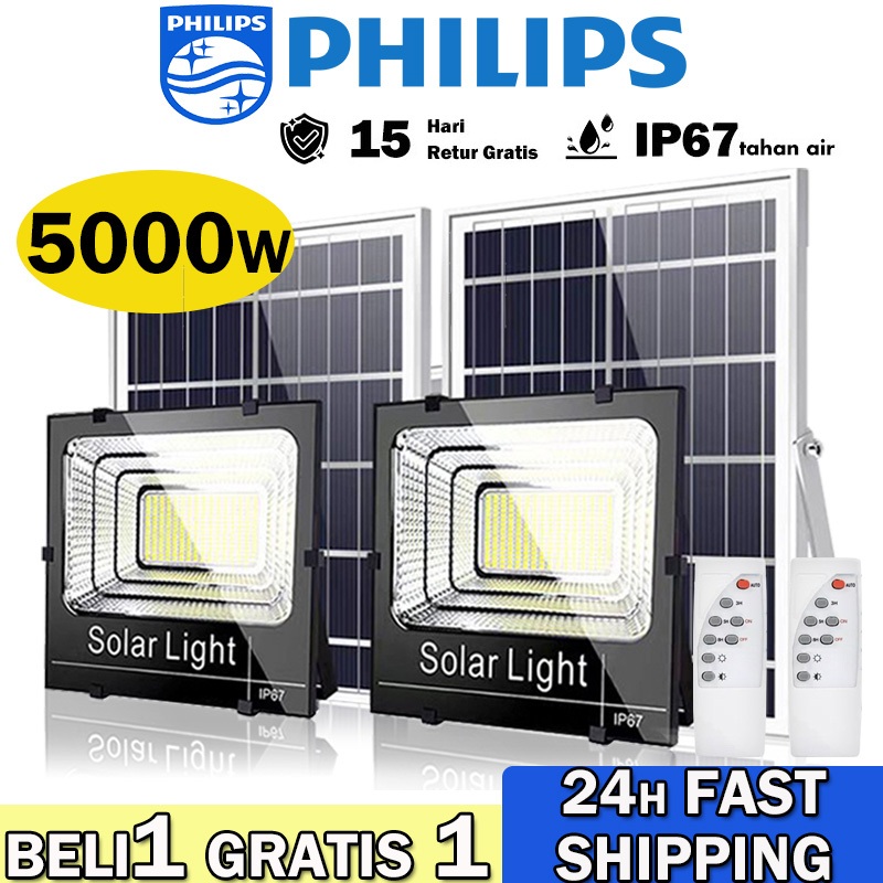 PHILIPS Beli 1 Gratis 1 5000W Lampu Tenaga Surya Kabel 10 MeterTenaga Surya Panel Surya Lampu Sorot