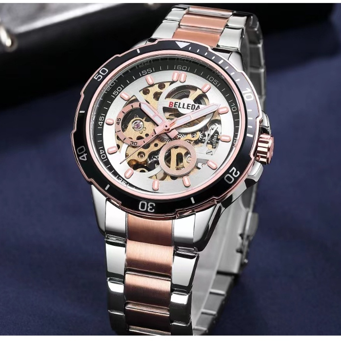 COD Jam Tangan Pria Belleda 9486 Original Mesin Automatic Sporty Rantai Steel Anti Air 3Atm