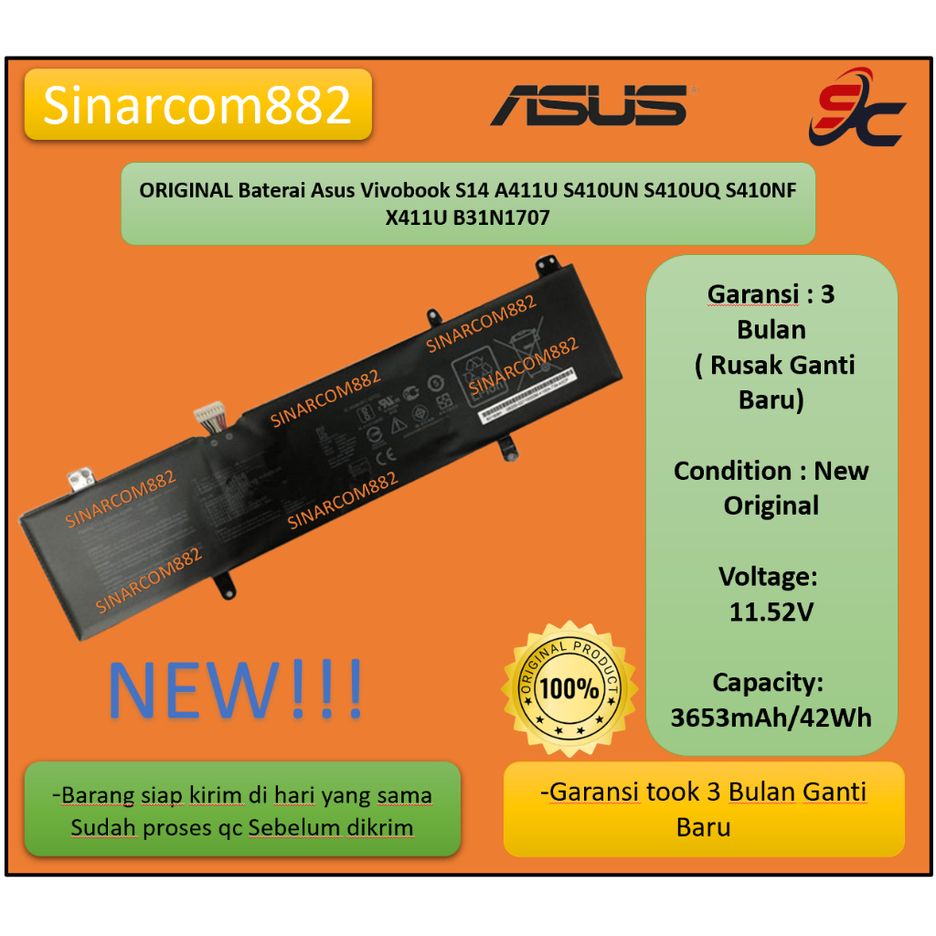 ORIGINAL Baterai/Batre/Battery Asus Vivobook S14 A411U S410UN S410UQ S410NF X411U B31N1707