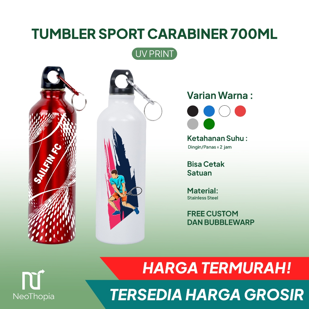 Custom Botol Sport Sepeda Carabiner 750ml Cetak UV Print Nama Logo Souvenir Promosi