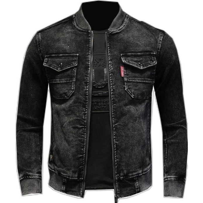 KAMBA. Jaket jeans pria boomber rip hitam full simple resleting atasan pria casual keren santai