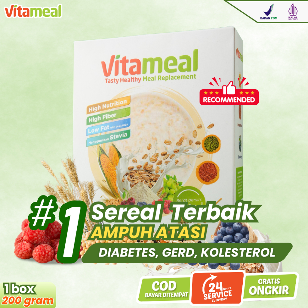 

[ORI] Vitameal Sereal Diet Tinggi Serat Antioksidan Turunkan Gula Darah Kolesterol Cepat Redakan GERD Maag Asam Lambung Vitameal Original VITAMIL DIET