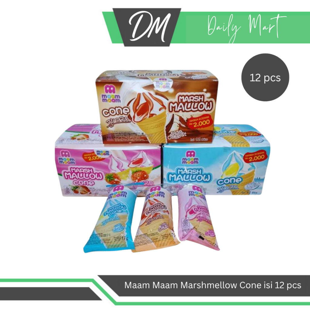

Maam Marshmellow Cone Isi 12 Pcs All Varian Vanilla/Coklat/Strawberry - Permen Kenyal Berbentuk Es Krim Lucu Enak Murah