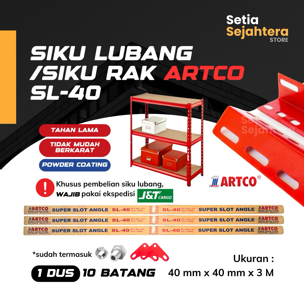 ARTCO Siku Lubang SL-40 Siku Rak Besi Serbaguna MERAH 3 meter ukuran 40 x 40 mm x 2.0 - 1 dus 10 bat