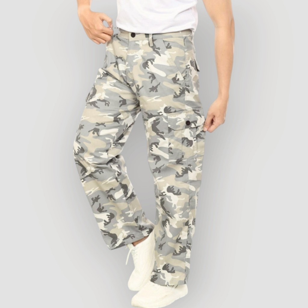 WOKER - Celana Cargo Loreng Panjang Gombrong Fit Loose Pria / Celana Cargo Loreng Putih