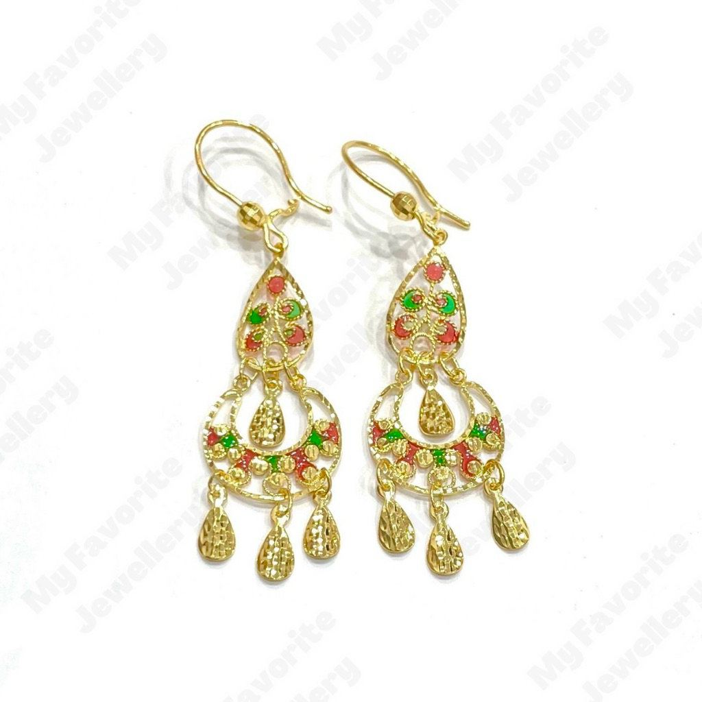 Anting Mewah Variasi Rumbai Warna Motif Dubai Emas Asli Kadar 700